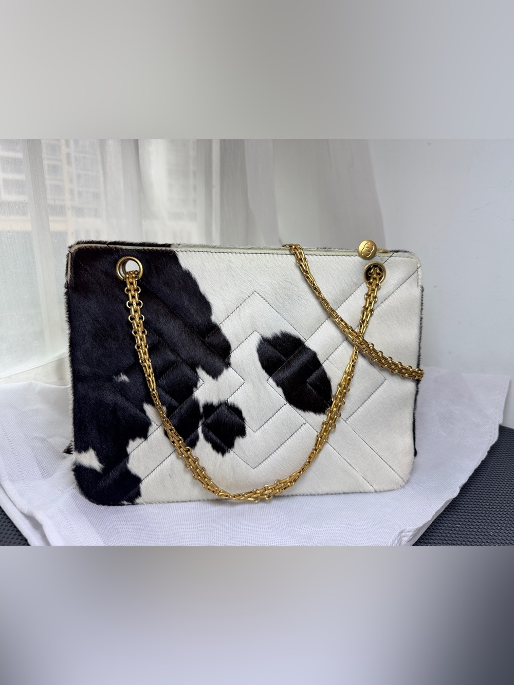 CHANEL vintage pony hair cow print chain shoulder bag gold hardware with pouch